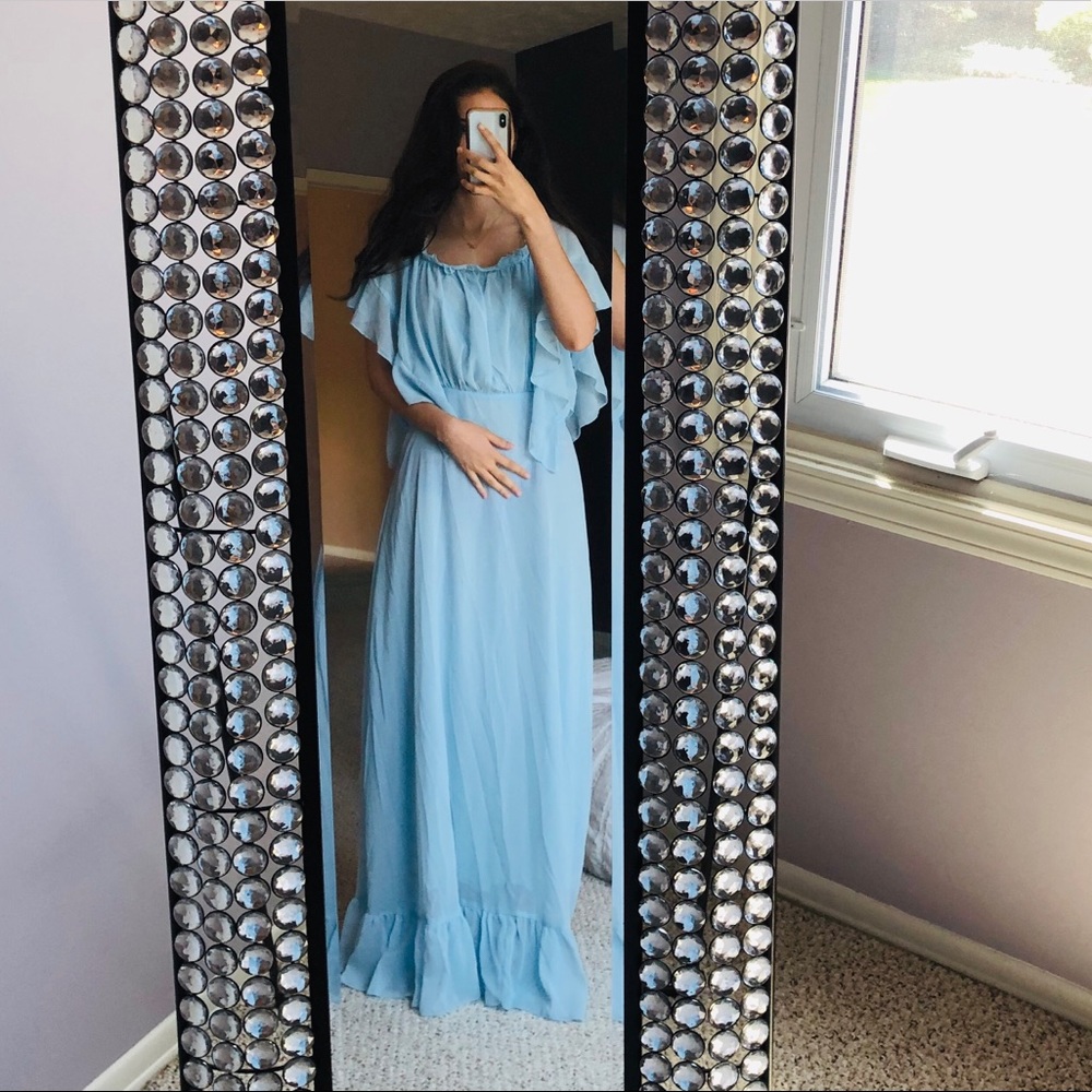 Baby blue chiffon off shoulder maxi modest dress !